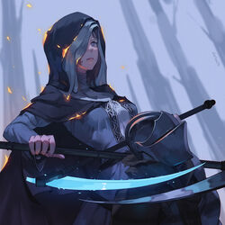  1other ambiguous_gender armor ashen_one_(dark_souls_3) blurry blurry_background cloak commentary_request dark_souls_(series) dark_souls_iii dual_wielding dutch_angle female full_armor grey_eyes habit helmet highres holding hood hooded_cloak jiro_(ninetysix) nun photoshop_(medium) plate_armor scythe short_hair sister_friede 