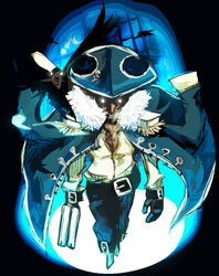  1boy bad_id bad_pixiv_id belt bicorne bird black_belt black_bird blue_coat blue_hat blue_pants clenched_teeth coat commentary_request double-barreled_shotgun drake_(ragnarok_online) full_body fur_collar glowing glowing_eyes gun hat highres holding holding_gun holding_weapon looking_at_viewer male_focus open_clothes open_coat pants pirate ragnarok_online shaded_face shirt shotgun skull_and_crossbones solo standing teeth undead weapon white_shirt yottur 