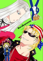  4boys american_flag american_flag_print bandana black_hair black_ribbon black_shirt black_vest blonde_hair blue_eyes blue_jacket blue_pants chibi chibi_inset commentary_request cover cover_page domino_high_school_uniform doujin_cover dutch_angle dyed_bangs flag_print green_background grin hair_over_one_eye jacket jewelry jonouchi_katsuya keith_howard light_brown_hair long_hair looking_at_another looking_to_the_side male_focus millennium_puzzle multicolored_hair multiple_boys muto_yugi neck_ribbon necklace open_mouth pants pegasus_j_crawford red_hair red_jacket red_shirt ribbon riichi_(reati) school_uniform shirt short_hair simple_background smile spiked_hair studded_vest sunglasses upper_body vest white_hair white_shirt yu-gi-oh! yu-gi-oh!_duel_monsters 