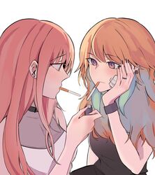  2girls amlichan cigarette commentary earrings english_commentary feather_earrings feathers highres holding holding_lighter hololive hololive_english jewelry lighter long_hair mori_calliope mori_calliope_(streetwear) multicolored_hair multiple_girls pink_hair smoking stud_earrings takanashi_kiara virtual_youtuber yuri 