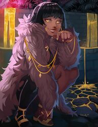  aisha_nejem black_hair black_thighhighs blood breasts chains coat commission dark-skinned_female dark_skin earrings eyeliner female final_fantasy final_fantasy_xiv full_body fur_coat gold_chain gold_nails grin highres hoop_earrings jewelry liberty_mae lipstick looking_at_viewer makeup multiple_rings nail_polish nosebleed oerba_yun_fang red_lips ring short_hair single_thighhigh smile solo squatting thighhighs warrior_of_light_(ff14) yellow_eyes 