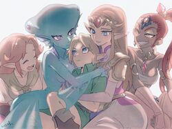  1boy 4girls age_difference aged_up blonde_hair blue_eyes blue_skin breasts brown_hair cleavage colored_skin commentary dark-skinned_female dark_skin elbow_gloves fish_girl forehead_jewel gerudo gloves hair_ornament harem highres hug jewelry link lolicon long_hair looking_at_another malon monster_girl multiple_girls nabooru necklace noah_(tettsui-sole) pointy_ears ponytail princess_ruto princess_zelda purple_eyes red_hair simple_background straight the_legend_of_zelda the_legend_of_zelda:_ocarina_of_time tiara time_paradox yellow_eyes young_link zora 