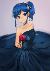  aikatsu! aikatsu!_(series) bare_shoulders black_bow blue_dress blue_eyes blue_hair bow closed_mouth collarbone dress female flower grey_background hairbow highres holding holding_flower kiriya_aoi long_dress long_hair looking_at_viewer red_flower shou_(meruko1001) side_ponytail sidelocks simple_background smile solo strapless strapless_dress 