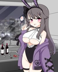  :p animal_ears arm_at_side azur_lane bare_shoulders black_hairband black_leotard blush bottle bow breasts brown_hair choker cityscape clothing_cutout condom condom_box condom_wrapper couch covered_navel cowboy_shot cup cushion cutout_above_navel dot_nose drinking_glass eyes_visible_through_hair fake_animal_ears fellatio_gesture female frilled_leotard frills groin hair_flaps hair_ornament hair_over_shoulder hairband hairbow hairclip hand_up heart highleg highleg_leotard highres indoors jacket jacket_partially_removed large_breasts leotard light_purple_hair light_smile long_hair long_sleeves looking_at_viewer looking_to_the_side multicolored_hair navel night off_shoulder oha_(oha_h22) open_clothes open_jacket pamiat_merkuria_(azur_lane) parted_bangs pink_eyes playboy_bunny puffy_long_sleeves puffy_sleeves purple_eyes purple_jacket rabbit_ears raised_eyebrows sidelocks sideways_glance skindentation solo speech_bubble spoken_heart standing streaked_hair swept_bangs table thigh_strap tongue tongue_out tsurime two-tone_hair underboob underboob_cutout window wine_bottle wine_glass 