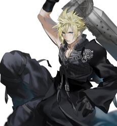  1boy armor asymmetrical_arms asymmetrical_hair black_pants blonde_hair blue_eyes cloud_strife cowboy_shot earrings final_fantasy final_fantasy_vii final_fantasy_vii_advent_children fusion_swords gloves hair_between_eyes high_collar highres holding holding_sword holding_weapon jewelry male_focus mikuroron open_collar over_shoulder pants shoulder_armor single_earring solo spiked_hair strap sword thigh_strap weapon weapon_over_shoulder white_background 