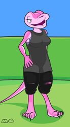  2_tongues anthro bra bra_peek clothed clothing digitigrade female multi_tongue mystery-goop outside pink_body pink_scales pinki_(mystery-goop) reptile scales scalie snake solo tongue underwear 