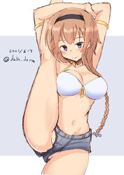  bikini black_headband braid breasts cleavage commentary_request cowboy_shot cutoffs dabu_dora dated denim denim_shorts female grey_eyes hair_ornament headband highres kantai_collection large_breasts light_brown_hair long_hair looking_at_viewer official_alternate_costume propeller_hair_ornament shorts solo split standing standing_on_one_leg standing_split swimsuit teruzuki_(kancolle) teruzuki_(swimsuit_mode)_(kancolle) twin_braids twitter_username two-tone_background white_bikini 