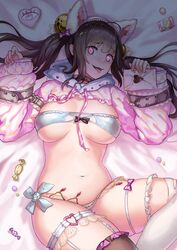  2r-_(pixiv8168114) animal_ears asymmetrical_legwear bed_sheet bell black_bow black_choker black_legwear blush bow brown_hair candy choker destiny_child fake_animal_ears fangs female fingernails food frilled_legwear garter_straps hairbow heart heart-shaped_pupils highres holding holding_letter hood hood_down letter long_hair love_letter mismatched_legwear navel open_mouth pakhet_(destiny_child) pink_bow pink_eyes shaded_face sleeves_past_wrists solo spikes symbol-shaped_pupils thighhighs tongue tongue_out torn_clothes torn_thighhighs twintails white_legwear white_nails 