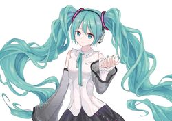  absurdly_long_hair bare_shoulders black_hairband black_skirt blue_eyes blue_hair blue_nails blue_ribbon closed_mouth collared_shirt commentary detached_sleeves dress_shirt female floating_hair grey_sleeves hair_between_eyes hair_ornament hairband hatsune_miku hatsune_miku_(nt) headphones highres katorea layered_sleeves long_hair long_sleeves looking_at_viewer nail_polish neck_ribbon piapro pleated_skirt ribbon see-through see-through_sleeves shirt simple_background skirt sleeveless sleeveless_shirt smile solo standing twintails very_long_hair vocaloid white_background white_shirt white_sleeves wing_collar 