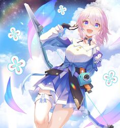  :d absurdres archery_shooting_glove black_gloves blue_skirt blue_sky bow_(weapon) camera cloud cloudy_sky female gloves highres holding holding_bow_(weapon) holding_weapon honkai:_star_rail honkai_(series) jacket long_hair long_sleeves looking_at_viewer looking_back march_7th_(honkai:_star_rail) march_7th_(preservation)_(honkai:_star_rail) partially_fingerless_gloves pink_eyes pink_hair rainbow shirt skirt sky smile solo tied_jacket weapon white_shirt yumegiwa_(skgl_thx) 