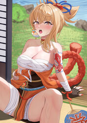  absurdres arm_tattoo bandaged_leg bandages bare_shoulders black_sash blonde_hair blush breasts chest_sarashi choker commentary_request female genshin_impact hand_fan highres ituka_kanau japanese_clothes kimono nail_polish obi open_mouth orange_kimono orange_nails paper_fan ponytail red_choker sarashi sash sitting solo sweat tattoo uchiwa wrist_wrap yellow_eyes yoimiya_(genshin_impact) 