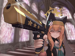  animal_ear_headwear animal_ears bench blue_archive blurry blurry_background cathedral church commentary_request desert_eagle false_smile female glint gun habit halo handgun highres holding holding_gun holding_weapon indoors light_particles mari_(blue_archive) nun pointing pointing_at_viewer pointing_gun pointing_weapon sailor_collar silver_bullet_(ecc12_8) smile weapon window yellow_halo 