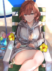  beach_umbrella brown_hair cellphone chair crazy_straw cup drinking_glass drinking_straw female flower food fruit grey_hoodie hibiscus highres higuchi_madoka hood hood_down hoodie hurricane_glass idolmaster idolmaster_shiny_colors lime_(fruit) lime_slice long_sleeves looking_at_viewer lounge_chair no_pants outdoors phone purple_eyes reclining short_hair sitting smartphone swimsuit swimsuit_under_clothes umbrella yellow_flower zundakun0123 