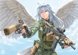  ahoge angel angel_wings assault_rifle colored_eyelashes commentary english_commentary expressionless feathered_wings female glock grey_hair gun handgun holding holding_gun holding_weapon jpc long_hair original pointing_gun pointing_weapon pp-19-01_vityaz red_eyes rifle sidelocks solo submachine_gun weapon wings 