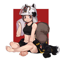  absurdres animal_ears_helmet arknights bad_id bad_pixiv_id barefoot boots boridongja brown_eyes brown_hair feet female fire_helmet firefighter firefighter_jacket highres indian_style jacket midriff photoshop_(medium) shaw_(arknights) short_hair sitting soles solo squirrel_girl squirrel_tail sweat tail tank_top toes towel unworn_boots unworn_jacket 