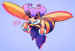  2021 5_fingers animal_humanoid arthropod arthropod_humanoid bacun bee_humanoid blush breasts capcom clothing darkstalkers female fingers hi_res humanoid hymenopteran hymenopteran_humanoid insect_humanoid insects q-bee signature simple_background smile solo wings 