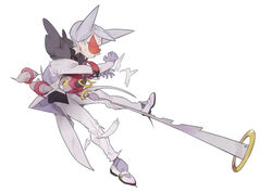  1boy coat fur-trimmed_coat fur_trim gloves grey_gloves grey_hair highres hoopa hoopa_(confined) lear_(pokemon) long_sleeves male_focus mimura_(nnnnnnnnmoo) orange-tinted_eyewear pants pokemon pokemon_(creature) pokemon_masters_ex shoes simple_background sunglasses sweat tinted_eyewear white_background 