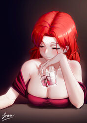  alcohol bare_shoulders breasts chinese_commentary cleavage closed_eyes commentary_request cup dress drink drinking_glass elbows_on_table female freze highres honkai_(series) honkai_impact_3rd ice ice_cube indoors large_breasts long_hair murata_himeko red_dress red_hair shot_glass signature solo 