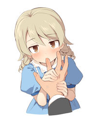  1boy bad_id bad_pixiv_id blue_dress blush brown_eyes brown_hair collared_dress commentary disembodied_hand dress female finger_sucking hair_between_eyes hand_grab idolmaster idolmaster_cinderella_girls long_hair long_sleeves looking_at_viewer morikubo_nono out_of_frame puffy_short_sleeves puffy_sleeves ringlets short_sleeves simple_background solo_focus sweat uccow white_background 