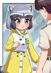  1boy alternate_costume animal_ears bad_id bad_twitter_id blue_hair blush brown_eyes brown_hair captain_(kemono_friends) commentary_request common_raccoon_(kemono_friends) female grey_hair highres hood hood_down japari_symbol kemono_friends kemono_friends_3 long_sleeves multicolored_hair ngetyan raccoon_ears raccoon_girl raccoon_tail raincoat shirt short_hair short_sleeves t-shirt tail translation_request uniform yellow_raincoat 