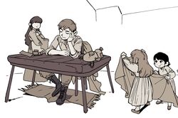  1boy 3girls apron arm_on_table bags_under_eyes blanket boots chair chilchuck&#039;s_wife chilchuck_tims closed_eyes collared_shirt covering_with_blanket cross-laced_footwear dress dungeon_meshi elbow_on_table family father_and_daughter fullertom_(dungeon_meshi) halfling hand_on_own_cheek hand_on_own_face head_rest highres holding holding_blanket holding_clothes kimsun_28 korean_commentary lace-up_boots letterboxed lolicon long_hair long_sleeves looking_at_another monochrome multiple_girls no_eyes packpatty_(dungeon_meshi) pants pants_tucked_in rug shirt shoes short_hair sidelocks sleeping sleeping_upright sleeves_rolled_up smile standing table unworn_clothes white_background 