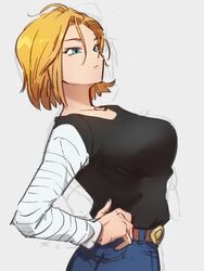  android_18 belt black_shirt blue_eyes closed_mouth commentary_request dragon_ball dragon_ball_z female grey_background kemachiku long_sleeves pants shirt simple_background solo 