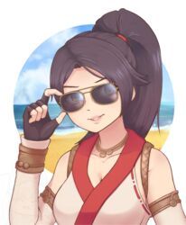  adjusting_eyewear aviator_sunglasses beach black_hair breasts brown_eyes cleavage collarbone commentary commission dead_or_alive dead_or_alive_6 detached_sleeves english_commentary eyebrows_hidden_by_hair female fingerless_gloves gloves jacy large_breasts momiji_(ninja_gaiden) ninja_gaiden ocean parted_lips ponytail smile solo sunglasses upper_body watermark 