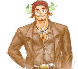  1boy 392mondo alternate_costume animal_ears bara brown_eyes brown_hair brown_jacket brown_suit buttons commentary_request cow_boy cow_ears cow_horns dark-skinned_male dark_skin eye_black facial_hair feather_necklace fiery_horns forked_eyebrows formal glowing_horns goatee horns jacket jewelry looking_at_viewer male_focus muscular muscular_male necklace partially_unbuttoned pectoral_cleavage pectorals shirt short_hair solo spiked_hair striped_clothes striped_shirt suit thick_eyebrows tokyo_afterschool_summoners unfinished upper_body wakan_tanka white_background 