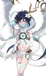  1boy altummm androgynous artist_name black_hair blue_hair blurry blurry_background braid bridal_gauntlets capelet chest_tattoo closed_mouth crop_top elbow_gloves feathered_wings floating floating_object flower genshin_impact gloves gnosis_(genshin_impact) gradient_hair green_eyes hair_flower hair_ornament highres hood hood_down hooded_capelet leg_tattoo looking_at_viewer male_focus midriff multicolored_hair navel official_alternate_costume short_hair_with_long_locks shorts side_braids sidelocks simple_background single_thighhigh solo tattoo thighhighs twin_braids venti_(archon)_(genshin_impact) venti_(genshin_impact) white_background white_flower white_shorts white_wings wind wings 