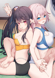  2girls ahoge armpit_crease ass ass-to-ass back-to-back bare_legs barefoot black_hair black_shorts blue_eyes blush breasts cleavage commentary_request crop_top feet from_side hair_ornament heart heart_hair_ornament holding_hands indoors interlocked_fingers large_breasts locked_arms long_hair looking_at_viewer lotus_position medium_breasts midriff multiple_girls on_floor open_mouth orange_tube_top original panties pink_hair red_eyes shorts side_ponytail sideboob sitting soles sports_bra strapless sweat toes tokuno_yuika trembling tube_top underwear whale_tail_(clothing) white_panties 