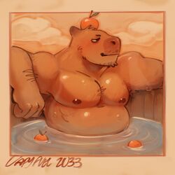  1boy arm_hair armpit_hair armpit_peek bara big_belly capy_(capyfuel) capybara_boy facial_hair food food_on_head fruit fruit_on_head furry furry_male goatee_stubble highres large_pectorals looking_to_the_side male_focus mandarin_orange mature_male muscular muscular_male mustache_stubble nipples nude object_on_head onsen original outstretched_arms partially_submerged pectorals short_hair solo sparse_arm_hair sparse_chest_hair spread_arms stubble upper_body water 