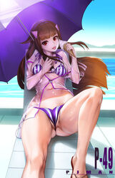  :p absurdres beach beach_chair bikini blunt_bangs blush brown_hair character_name female food foreshortening hairband highres ice_cream ice_cream_cone jacket last_origin long_hair navel official_alternate_costume outdoors pjman reclining red_eyes see-through sleipnir_(last_origin) solo striped_bikini striped_clothes swimsuit tongue tongue_out very_long_hair water 