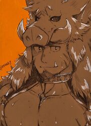  1boy animal_hood bad_id bad_twitter_id bara bare_pectorals boar_boy boar_hood brown_hair chest_harness collar facial_hair forked_eyebrows goatee gullinbursti_(housamo) harness highres hood large_pectorals long_sideburns looking_at_viewer male_focus mature_male monochrome muscular muscular_male nebanaka_(m40qf) oerba_yun_fang orange_theme pectorals short_hair sideburns solo stomach tokyo_afterschool_summoners upper_body 