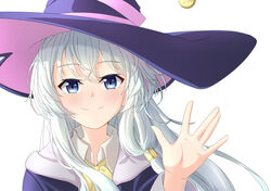  +_+ absurdres black_hat black_robe blue_eyes bow bowtie closed_mouth collared_shirt commentary dress_shirt elaina_(majo_no_tabitabi) female grey_hair hair_between_eyes hand_up hat highres long_hair long_sleeves looking_at_viewer majo_no_tabitabi open_hand portrait qoopxi robe shirt simple_background smile solo white_background white_shirt witch_hat yellow_bow yellow_bowtie 