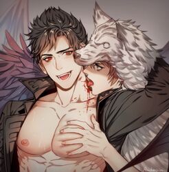  2boys abs anderain bare_pectorals bat_wings belial_(granblue_fantasy) berserker_(granblue_fantasy) black_hair blood blush demon_wings feather_boa grabbing gran_(granblue_fantasy) granblue_fantasy highres jacket licking licking_another&#039;s_neck male_focus multiple_boys nipples open_clothes open_jacket pectoral_grab pectorals short_hair smile toned toned_male wings wolf_hood yaoi 