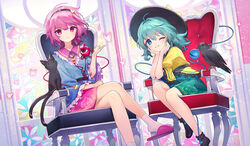  2girls ainy animal_ears blue_eyes blue_shirt blush_stickers boots bow bug butterfly cat_ears cat_tail chair commentary crossed_legs eyeball floral_print frilled_shirt_collar frilled_skirt frilled_sleeves frills full_body green_bow green_hair green_skirt hands_on_own_chin hat hat_ribbon kaenbyou_rin kaenbyou_rin_(cat) komeiji_koishi komeiji_satori looking_at_viewer multiple_girls multiple_tails nekomata on_lap one_eye_closed open_mouth pink_eyes pink_hair pink_skirt reiuji_utsuho reiuji_utsuho_(bird) ribbon rose_print shirt short_hair siblings sisters sitting skirt slippers smile socks soles tail third_eye touhou two_tails white_legwear wide_sleeves window yellow_ribbon yellow_shirt 