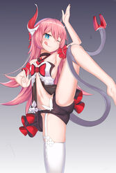  absurdres arm_up armpits bare_shoulders black_panties blue_eyes closed_mouth dress female gradient_background highres honkai_(series) honkai_impact_3rd horns long_hair long_sleeves lrichle navel one_eye_closed panties pink_hair rozaliya_olenyeva single_horn single_thighhigh smile solo standing standing_on_one_leg strapless strapless_dress tail thick_eyebrows thighhighs tongue tongue_out underwear w white_dress white_thighhighs 