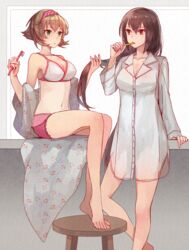  2girls alternate_costume barefoot black_hair bra breasts brown_hair brushing_teeth cleavage duplicate green_eyes hairband holding kantai_collection kasumi_(skchkko) large_breasts long_hair long_sleeves long_toes multiple_girls mutsu_(kancolle) nagato_(kancolle) navel open_mouth pajamas panties pink_panties pixel-perfect_duplicate red_eyes shirt short_hair simple_background sitting standing stool toes toothbrush underwear white_bra white_shirt 