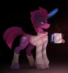  2022 absurd_res beverage black_background blue_eyes broken_horn clothed clothed_feral clothing container cup cutie_mark equid equine female feral footwear friendship_is_magic gastropod glowing glowing_horn gradient_background hasbro hi_res horn horse leggings legwear lidded_eyes magic mammal mollusk my_little_pony my_little_pony:_the_movie_(2017) mythological_creature mythological_equine mythology shoes simple_background slippers smiley_face snail solo sweater telekinesis tempest_shadow_(mlp) topwear unicorn yakovlev-vad 