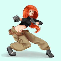  aqua_background baggy_pants belt boots cargo_pants crop_top female gloves green_eyes impossible_pants kim_possible kimberly_ann_possible loose_belt loose_pants midriff navel pants pose red_hair red_lips shycatgirl turtleneck 