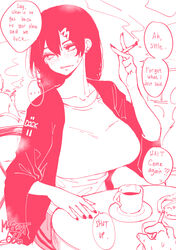  ... absurdres between_fingers blush breasts cafe character_request cigarette clothes_writing coat cup dating embarrassed english_text female fingernails hair_ornament hairclip highres holding holding_cigarette huge_breasts long_hair looking_away monochrome norman_maggot original overcoat pov profanity saucer smoke smoking solo_focus speech_bubble spoken_ellipsis teacup tsundere 