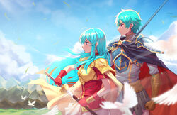  1boy ahoge aqua_eyes aqua_hair armor bird blue_sky bracelet breastplate brother_and_sister brown_gloves cape cloud earrings eirika_(fire_emblem) ephraim_(fire_emblem) female fingerless_gloves fire_emblem fire_emblem:_the_sacred_stones from_side gloves highres holding holding_polearm holding_sword holding_weapon jewelry kaijuicery long_hair mountainous_horizon polearm red_gloves red_shirt sheath shirt short_hair shoulder_armor siblings sidelocks skirt sky sword twitter_username upper_body very_long_hair weapon white_bird white_skirt 