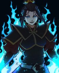  apoloniodraws armor avatar:_the_last_airbender avatar_legends azula black_background black_hair blue_eyes blue_fire evil_smile female fire lipstick long_sleeves looking_at_viewer makeup popped_collar signature simple_background smile solo topknot widow&#039;s_peak 