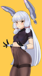  bad_id bad_pixiv_id black_pantyhose black_shirt blunt_bangs breasts female grey_hair hair_ribbon high-waist_pantyhose kantai_collection kuraku03 long_hair murakumo_(kancolle) orange_eyes pantyhose ribbon shirt short_eyebrows short_sleeves sidelocks simple_background small_breasts solo thighband_pantyhose tress_ribbon undershirt yellow_background 