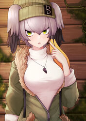  absurdres alternate_costume arm_at_side beanie black_hair breasts casual commentary_request contemporary female fur_trim green_eyes grey_hair hair_between_eyes hair_through_headwear hand_up hat highres jacket jacy jewelry kemono_friends long_hair long_sleeves looking_at_viewer multicolored_hair open_mouth orange_hair partially_unzipped pendant pocket pointing pointing_at_self shoebill_(kemono_friends) sidelocks solo sweater upper_body zipper zipper_pull_tab 