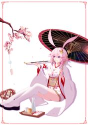  absurdres alcohol animal_ears branch cherry_blossoms cup drinking_glass female flip-flops fox_ears full_body hair_between_eyes hair_ornament highres holding holding_umbrella honkai_(series) honkai_impact_3rd japanese_clothes kimono kiseru long_sleeves mochimochi_qwq oil-paper_umbrella petals pink_hair purple_eyes sandals simple_background sitting smoking smoking_pipe solo tray umbrella white_background white_kimono white_legwear wind_chime wine wine_glass yae_sakura yae_sakura_(gyakushinn_miko) 