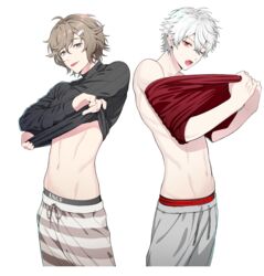  2boys absurdres black_sweater briefs brown_hair clothes_lift ear_piercing earrings hair_between_eyes hair_ornament highres jacket jewelry kanae_(nijisanji) kuzuha_(nijisanji) long_hair long_sleeves looking_at_viewer male_focus male_underwear mole mole_under_eye multiple_boys muscular muscular_male navel nijisanji open_clothes open_mouth open_shirt pants piercing pointy_ears red_eyes shirt_lift shorts sweater tongue tongue_out underwear virtual_youtuber waniguchi white_background 