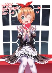  ;d apron blush bow_hairband chocolate detached_sleeves female food frills hair_between_eyes hairband happy_birthday headband heart highres holding holding_chocolate holding_food holding_heart kiona_(giraffe_kiona) knees_together_feet_apart long_sleeves looking_at_viewer maid one_eye_closed open_mouth pantyhose petra_leyte re:zero_kara_hajimeru_isekai_seikatsu red_ribbon ribbon roswaal_mansion_maid_uniform short_hair sitting sky smile solo star_(sky) starry_sky valentine white_apron white_pantyhose 