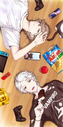  2boys black_shirt blue_eyes brown_hair cellphone controller ear_piercing food hair_between_eyes hair_ornament highres ice_cream jacket joystick kanae_(nijisanji) kuzuha_(nijisanji) long_hair looking_at_viewer male_focus mole mole_under_eye multiple_boys nijisanji nintendo_switch open_mouth phone piercing protected_link red_eyes shirt smartphone snack t-shirt teeth virtual_youtuber waniguchi white_hair white_shirt wooden_floor 