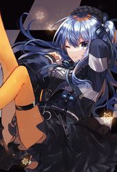  absurdres arm_behind_head beret blue_eyes blue_hair blue_jacket checkered_background female fingernails hat highres hololive hoshimachi_suisei hoshimachi_suisei_(casual) jacket knee_up kohina27831 lanyard leg_up long_hair nail_polish official_alternate_costume official_alternate_hair_length official_alternate_hairstyle one_eye_closed one_side_up orange_nails orange_pantyhose pantyhose solo star_(symbol) star_in_eye stellated_octahedron symbol_in_eye thigh_strap unzipped virtual_youtuber 